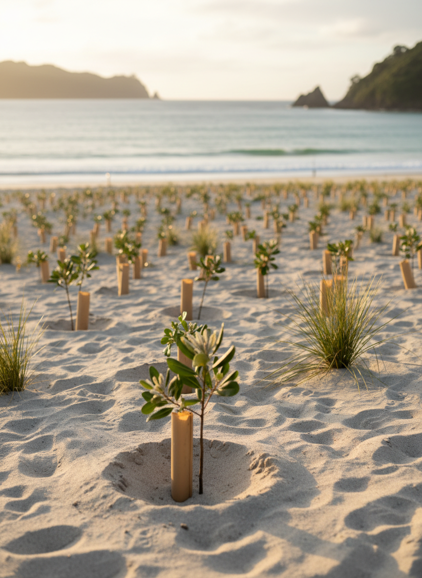 A coastal restoration scene along a Wharekaho-inspired shoreline, depicted without people. Newly planted native seedlings—pohutukawa, harakeke, and grasses—are carefully spaced along a gently sloping dune, supported by small wooden stakes and biodegradable guards. The sand is pale and fine, dotted with footprints that stop just outside the frame. In the background, the ocean glows soft teal under a bright but slightly diffused sky, with low headlands framing the bay. Late-afternoon natural light casts warm highlights on the young plants and subtle shadows behind each guard. Captured from a low angle, one seedling stands in sharp focus in the foreground while the beach and sea blur into a soft bokeh, creating a hopeful, forward-looking mood that reflects environmental kaitiakitanga and community-focused charitable work.